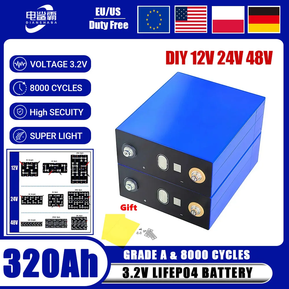 

1-32PCS Brand Lifepo4 Battery 320AH 3.2V Batteries RV Camping Boat Golf Cart Yacht Lithium iron phosphatere Rechargeable battery