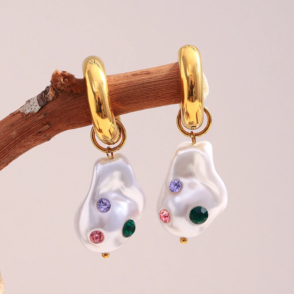 

Ourfuno Elegant Imitation Baroque Pearl Drop Earrings For Women Colorful Crystal Party Wedding Earrings Stainless Steel Jewelry