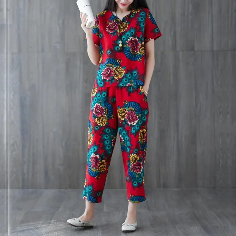 2024 Summer New 2PCS Ethnic Wind Suit Cotton Linen Two-Piece Women Short-Sleeved Shirt Suit Leisure Set Large Size Ladies Outfit