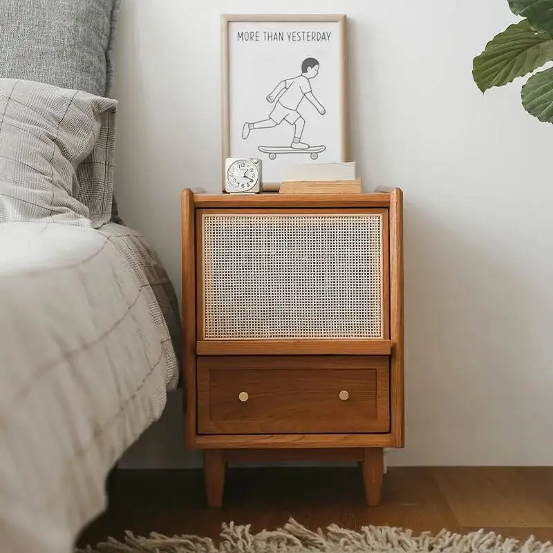 Modern Nightstand Rattan Nordic Small Cabinet Simple Ins Style Japanese Solid Wood Bedroom Narrow Bedside Cabinet Home Furniture
