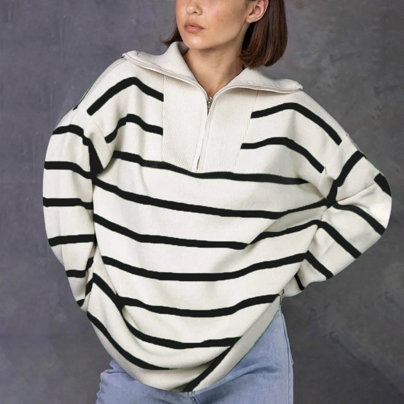 

Autumn Winter Sweaters For Women Casual Turn-down Collar Striped Patchwork Femme Pullover Chic Long Sleeve Woman Sweater 2023