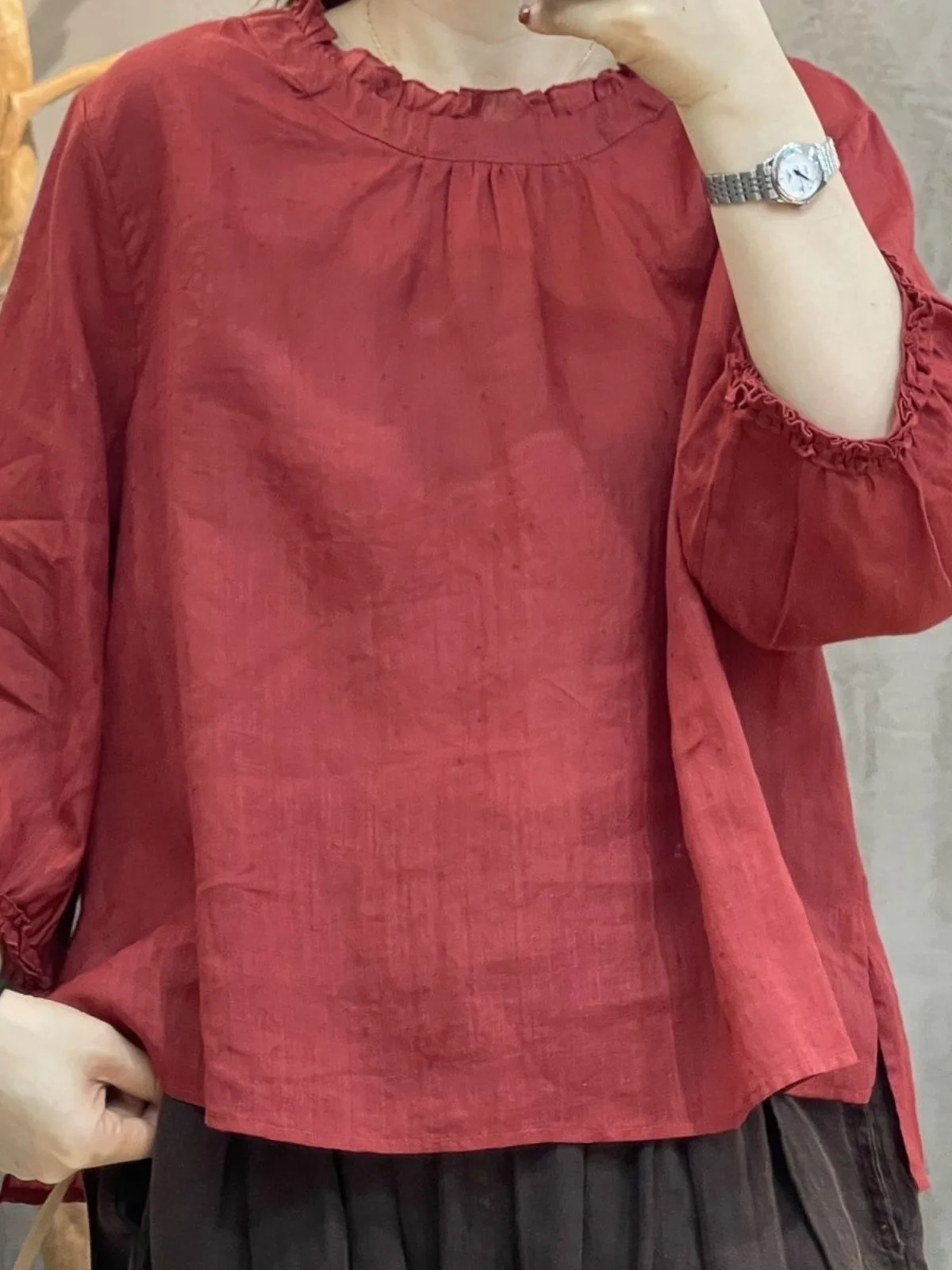 Leinen irt Damen Loose Fit Seven-Vierter Sve Floral Spitzenkragen Casual Top Korean Sle Commute Faion Pure Color