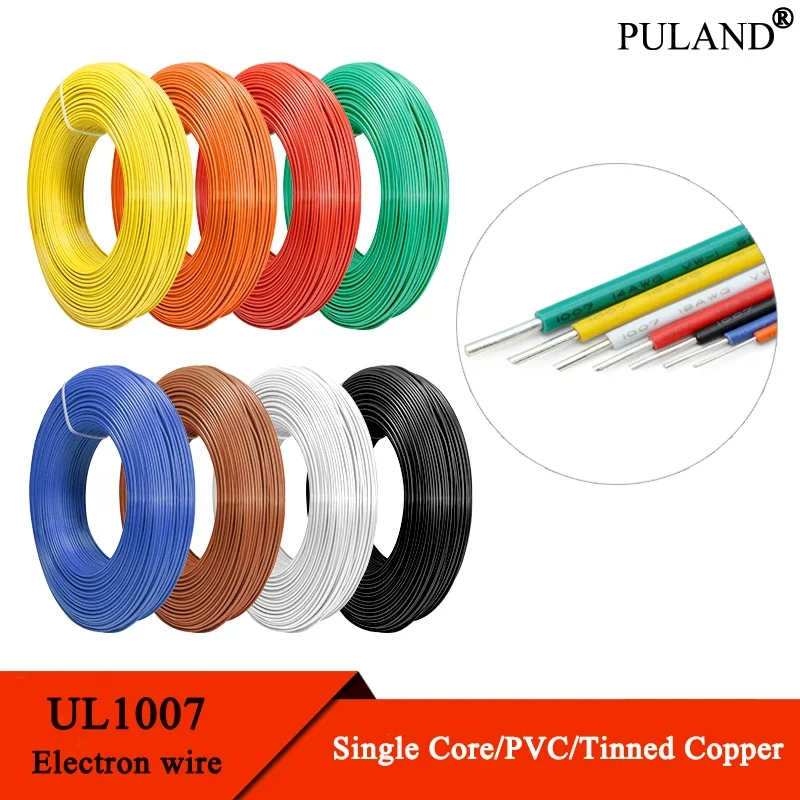 

5/10/20M UL1007 PVC Tinned Copper Single Core Wire 14/16/18/20/22/24/26 AWG Cable Line DIY PCB Electron wires