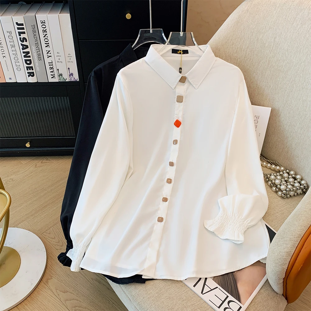 

Women's plus size autumn casual solid color shirt pure cotton fabric personality buttons decorated commuter top horn sleeves