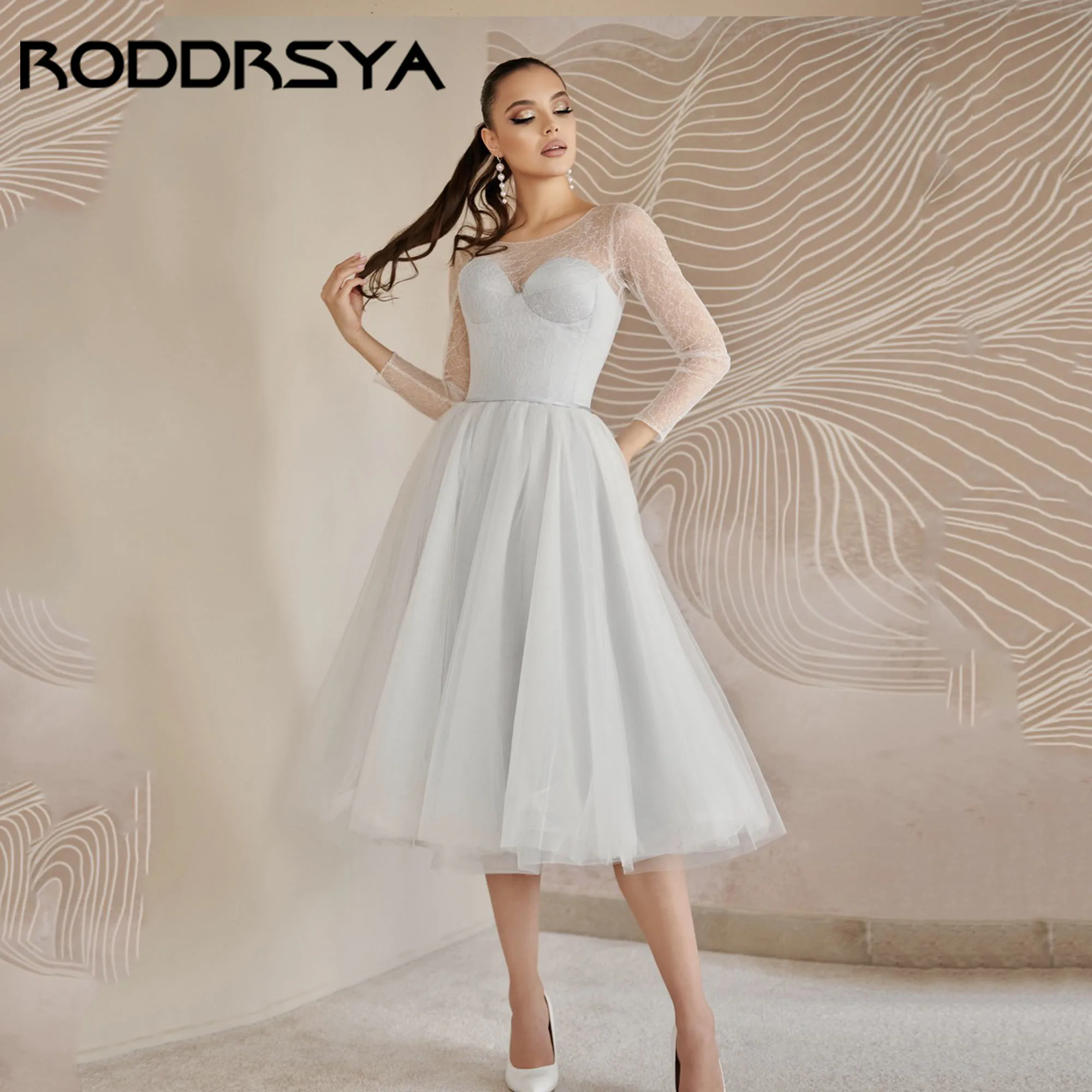 

RODDRSYA Simple Tulle Bride Party Dress Long Sleeve A-Line Backless Wedding Gowns O-Neck Mid-Calf vestidos de novia Customized