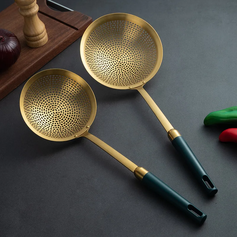 

Stainless Steel Colander Green Gold Round Filter Spoon Frying Oil Leaking Hot Pot Noodle Mesh Drain Scoop Cookware Kitchen Tools