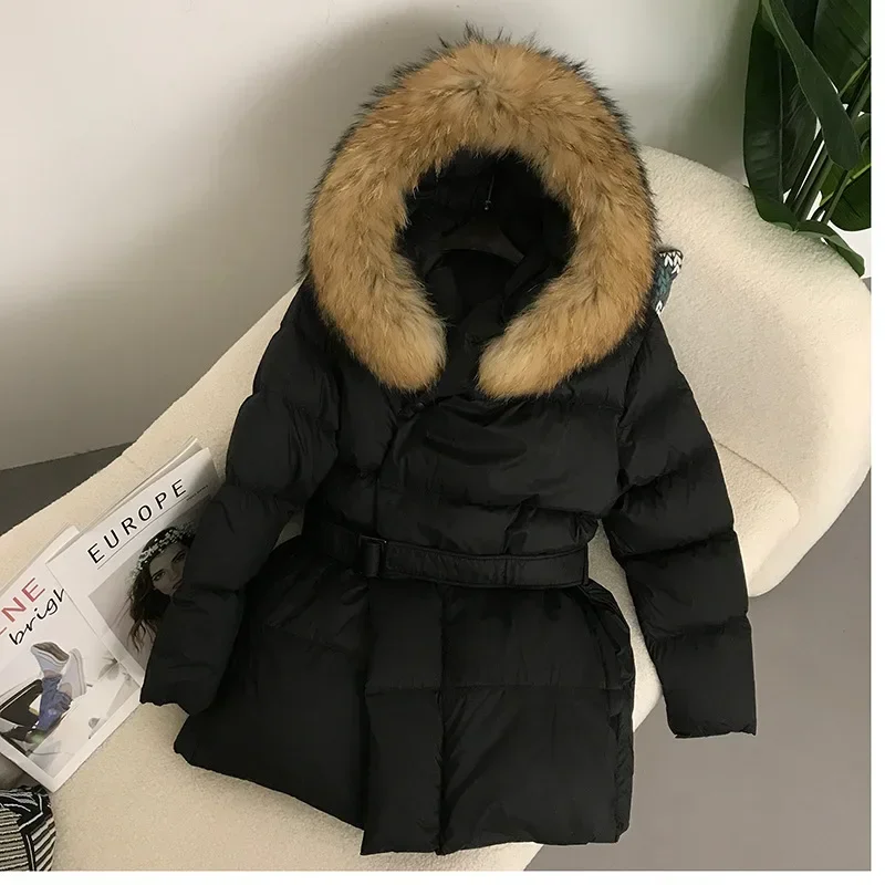 

Women's Belted Hooded Mid-Length Fashionable Bread Coat Padded Co Hot Sale Of The Season Winter Thickened White Duck down Jacket