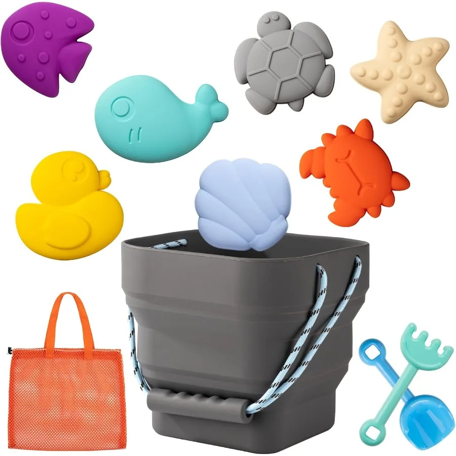 Jouets de plage en Silicone pour bébé, ensemble de plage moderne pour voyage, seau, pelle, 7 moules à sable, sac, jouets de sable pour tout-petits, 11 pièces, gris foncé