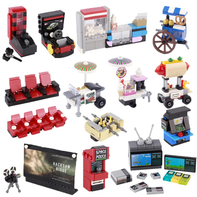 City Building Block Accessories TV Game Dance Machine Cashier Hot dog ice Cream Popcorn Food Brick DIY Toy For Children B017