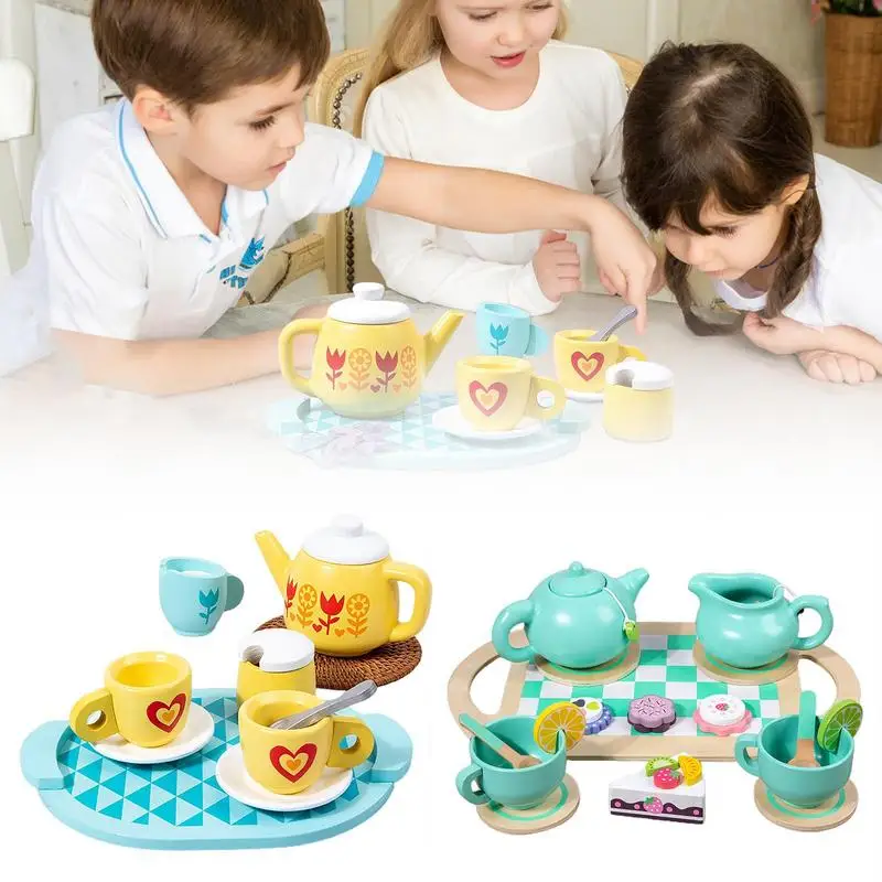 Kids Tea Sets For Girls Tea Set Toy Role Play Playset Kitchen Toys With Cups & Spoons Educational Toys Wooden Play Tea Set For