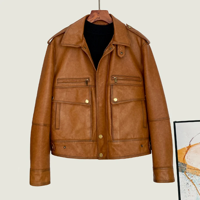 M-3XL Women's Genuine Sheepskin Leather Jacket Fall Winter Vintage Brown Female Casual Lapel Collar Loose Lambskin Jacket Coats