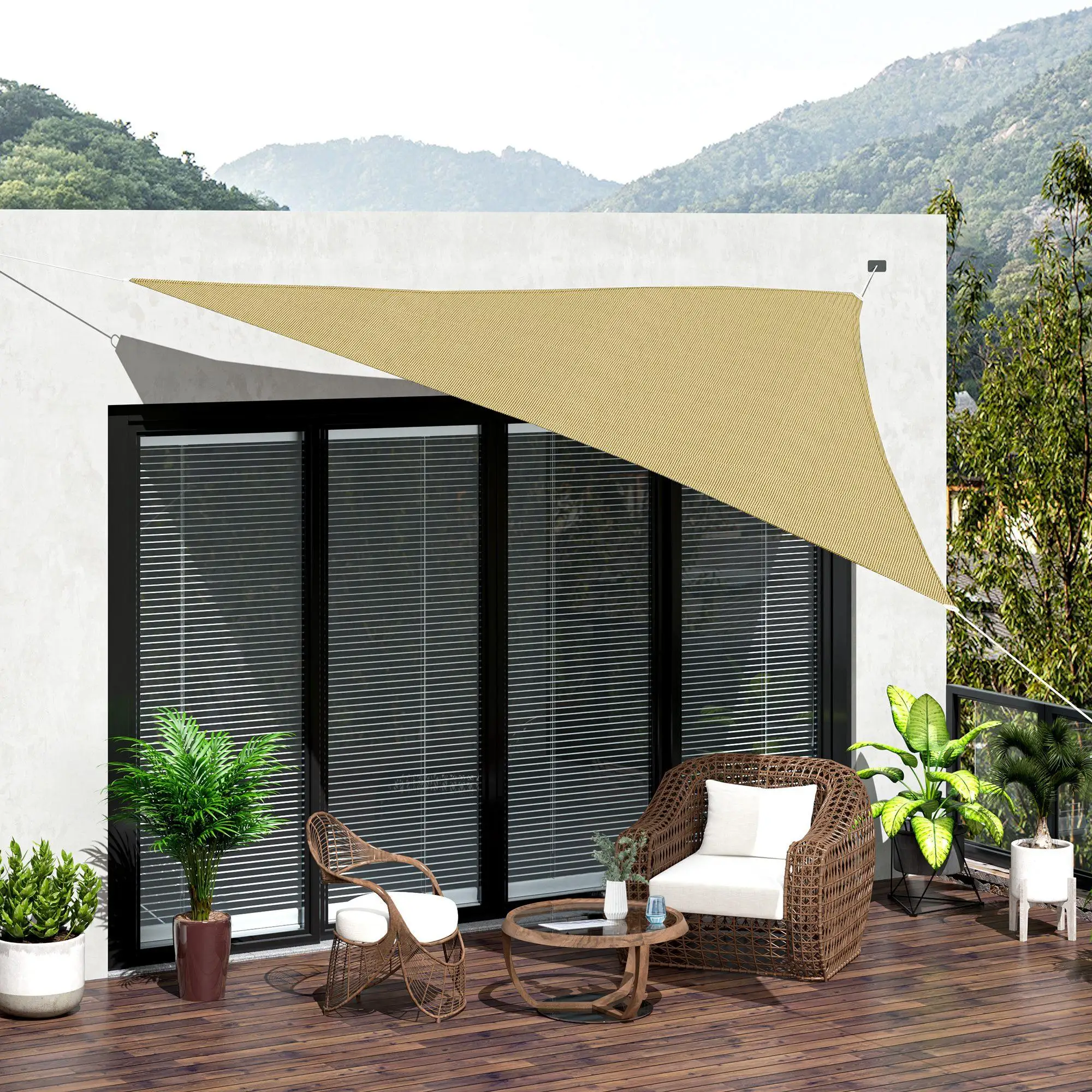 Parasol triangulaire 3x3x3m en HDPE, bloqueur UV, perméable à l'eau et au sable, pour patio, balcon, jardin