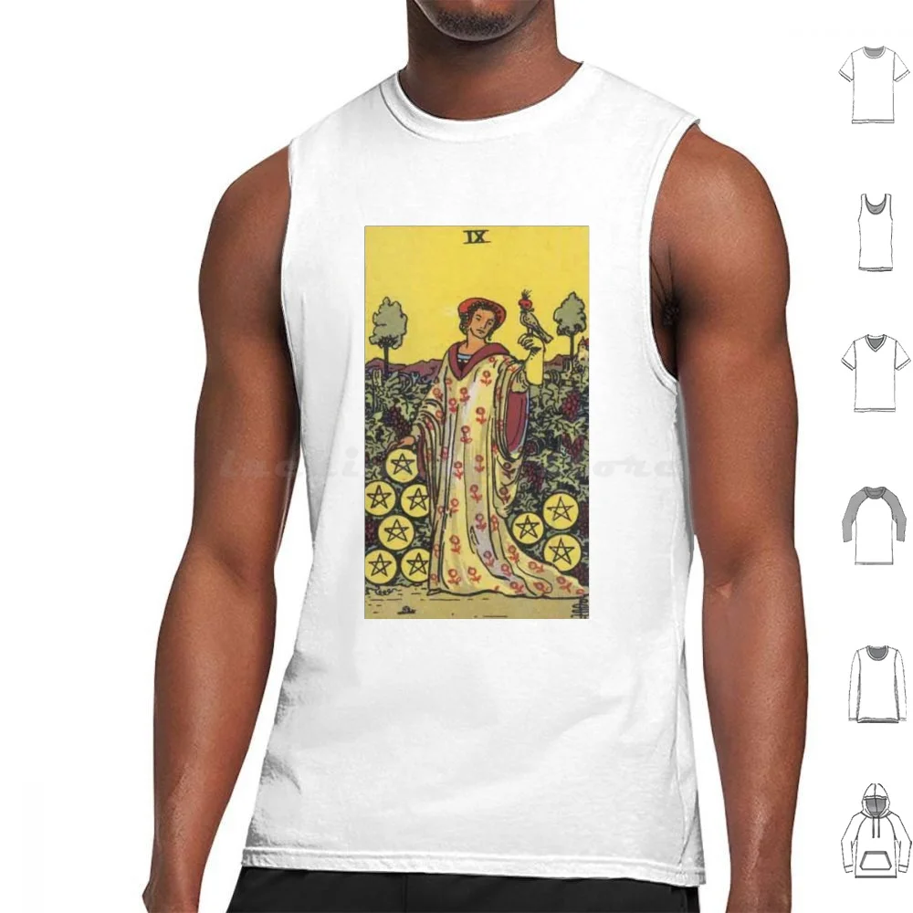 Rider-Waite Tarot , Nine Of Pentacles Tank Tops Print Cotton Rider Waite White Nine 9 Nine Of Pentacles Pentacles