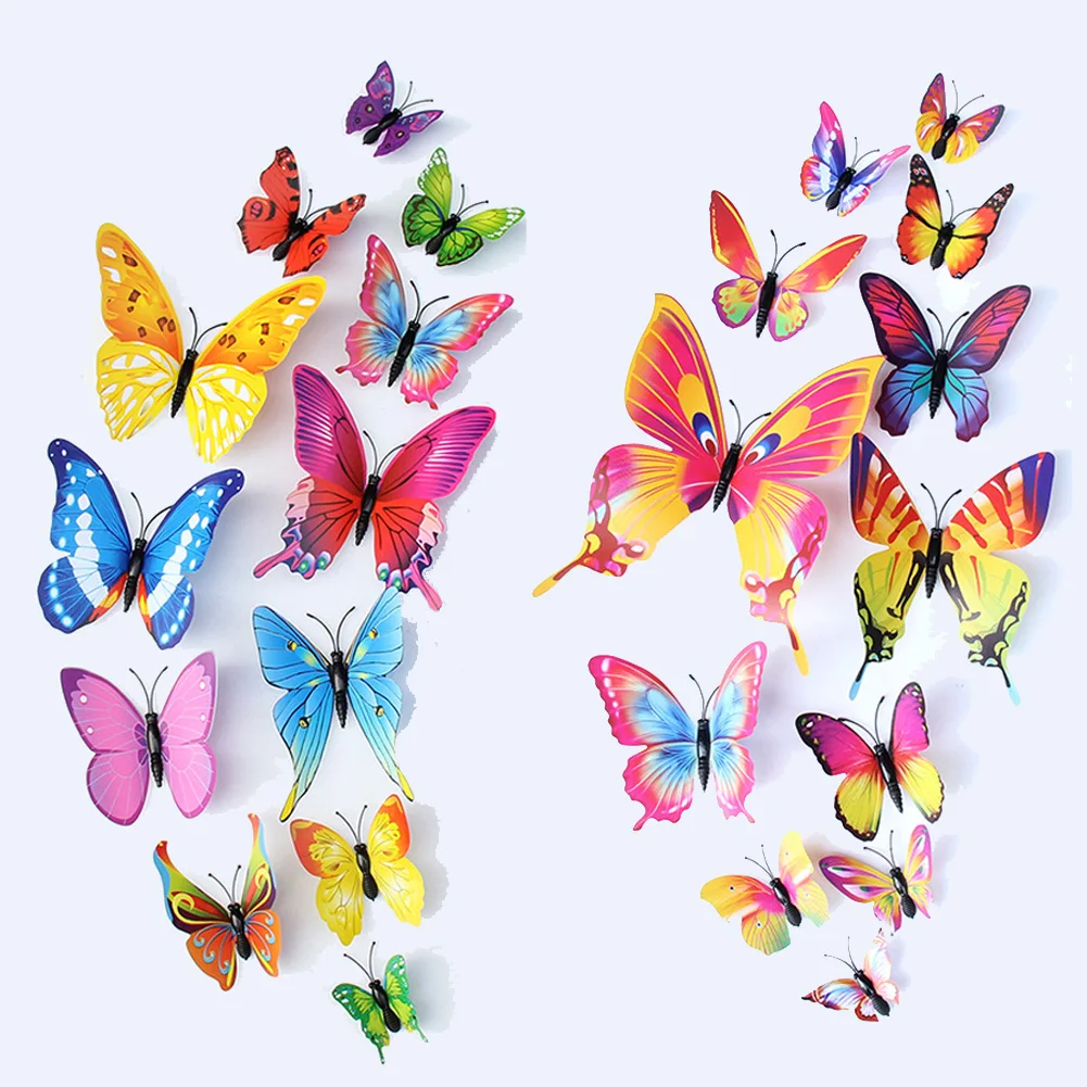 12Pcs/Set 3D Mixed Color Butterfly Wall Stickers Butterflies Festival Outdoor Wedding Decoration Fridge Magnet Decals Home Decor