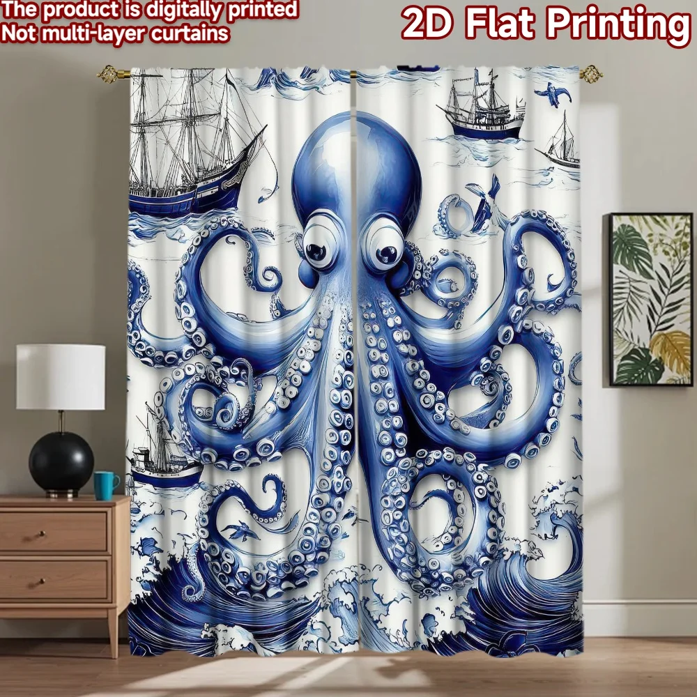 

1pc 2D flat Photography Backdrop Background cloth Blue Octopus and Ships 100% Polyester Family Party Perfect for Holiday