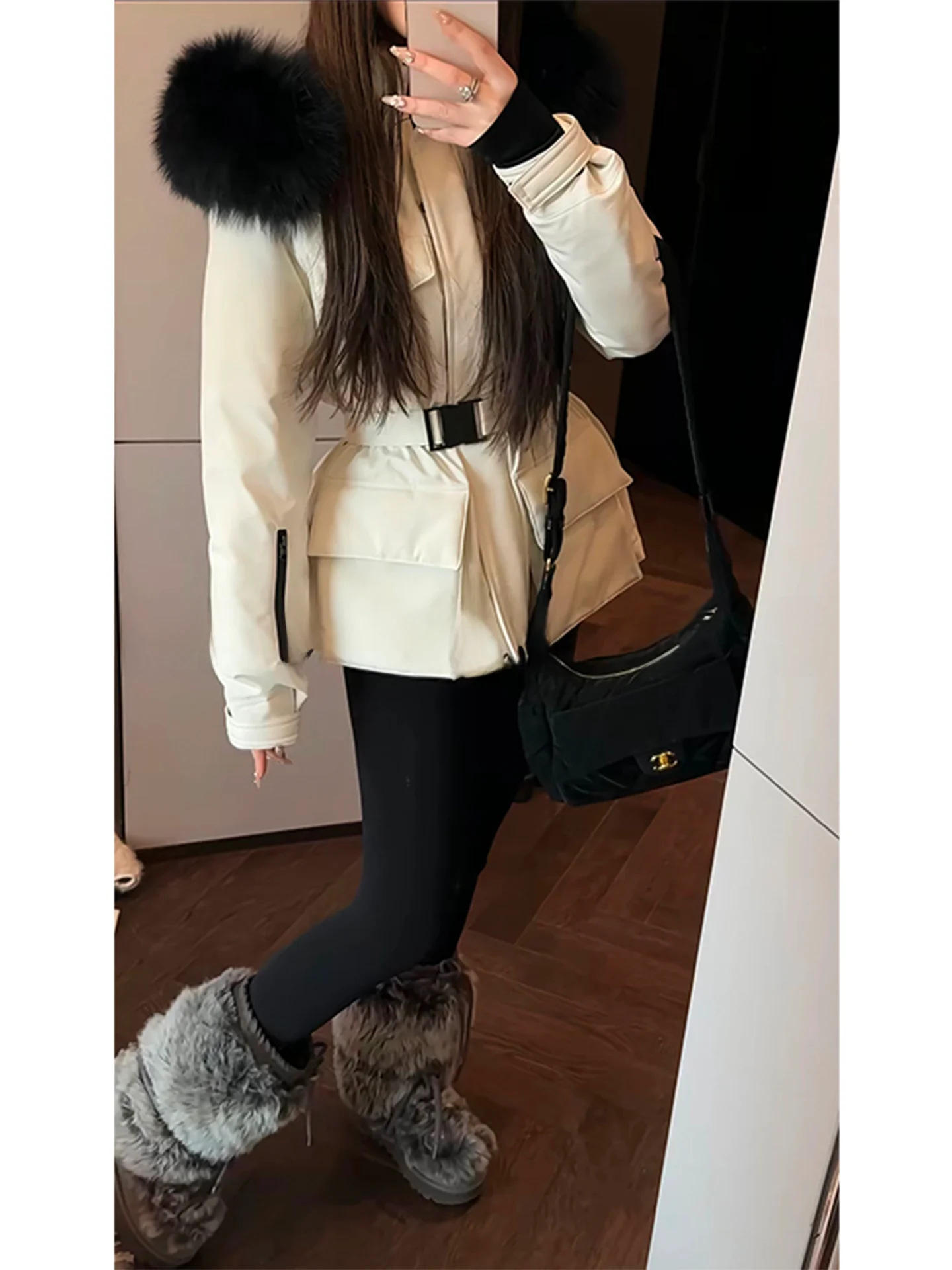 

Mimius Warmth Filled down Jaet Cozy Waist Dstring Large Fur Collar Big ket Design Women's Casual Sle Du down Coat