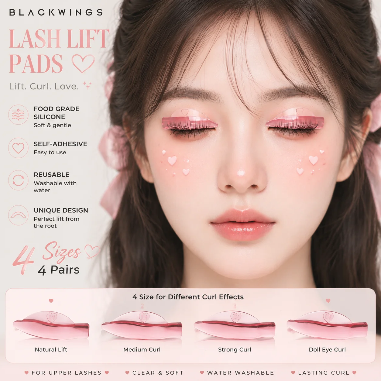 4 Pairs of Pink Blackwings Silicone and Eyelash Protectors, 3D and Eyelash Clip Accessories, Keratin and Eyelash Curling Silicon