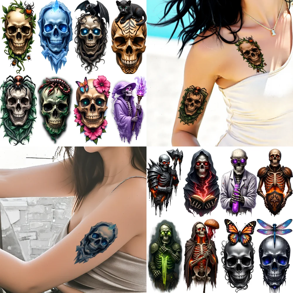 

12 шт., временные татуировки, готические узоры, водонепроницаемые, долговечные наклейки для тела, дизайн черепа, реалистичные временные татуировки для рук