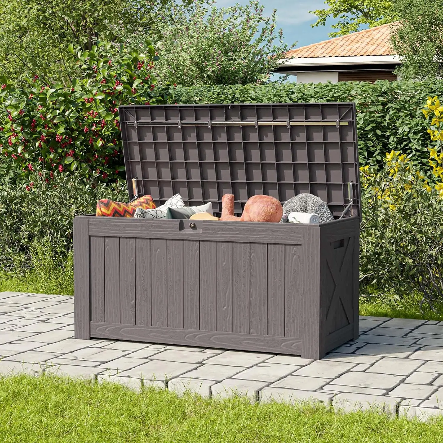 Большой ящик для палубы на 120 галлонов, запираемый ящик для хранения садовых инструментов на открытом воздухе, водонепроницаемый ящик для палубы для мебели для патио,