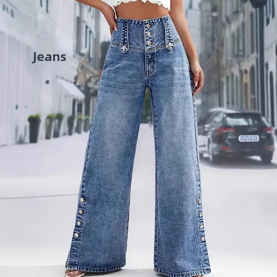 Pantalones vaqueros de pierna ancha con puños y botones de cintura alta para mujer, ropa de calle Vintage de nuevo estilo de otoño, pantalones largos de mezcla de algodón y poliéster
