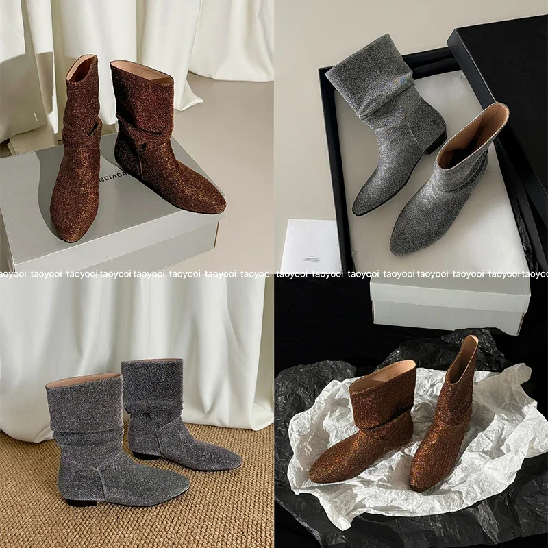 

2023 новые осенне-зимние женские ботильоны высотой 22-25 см, эластичные фланелевые ботинки с круглым носком на низком каблуке, модные короткие ботинки