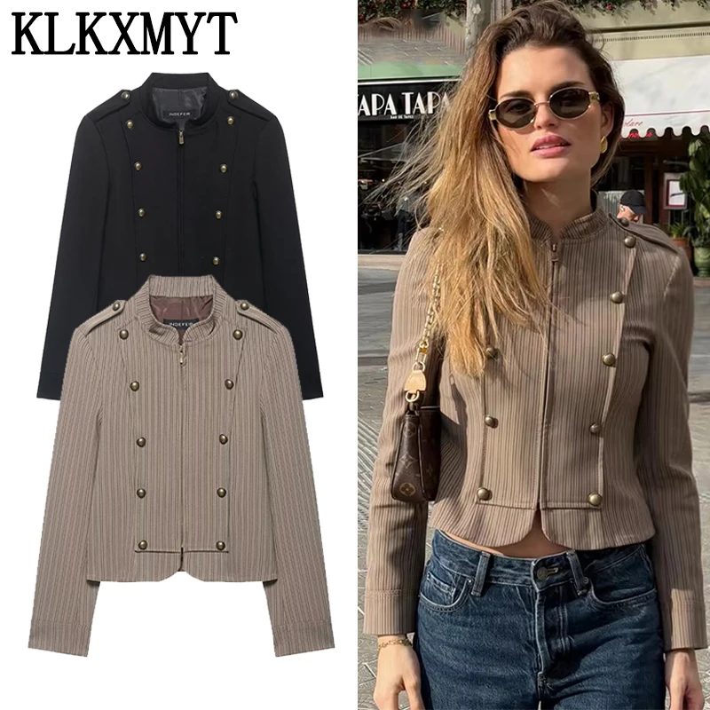 

KLKXMYT Women Fashion Stripes Zipper Slim Short Blazer Long Sleeves Female High Street Blazer Jacket Elegant Chic Office Coat