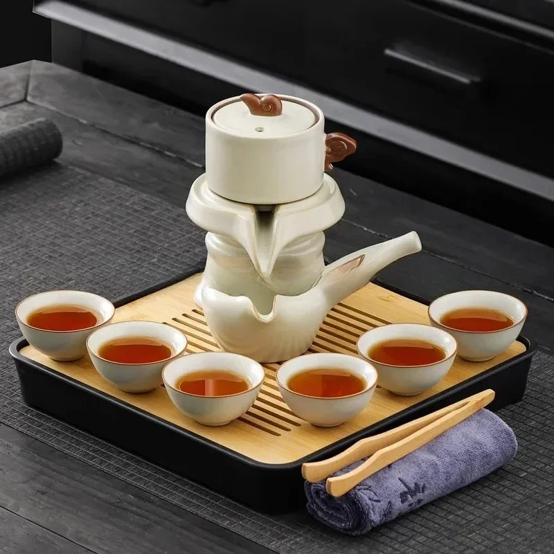 Y16- Ru kiln lazy stone grinding automatic tea set household high-end ceramic rotating anti-scalding tea