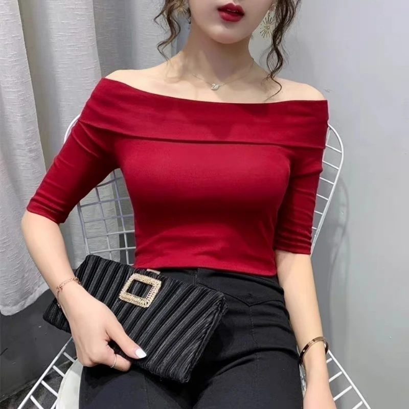 

Solid Color Elegant Shirt Spring Summer Fashion Clothing 2023 Korean Style Off Shoulder Long Sleeve Casual T-shirt for Female