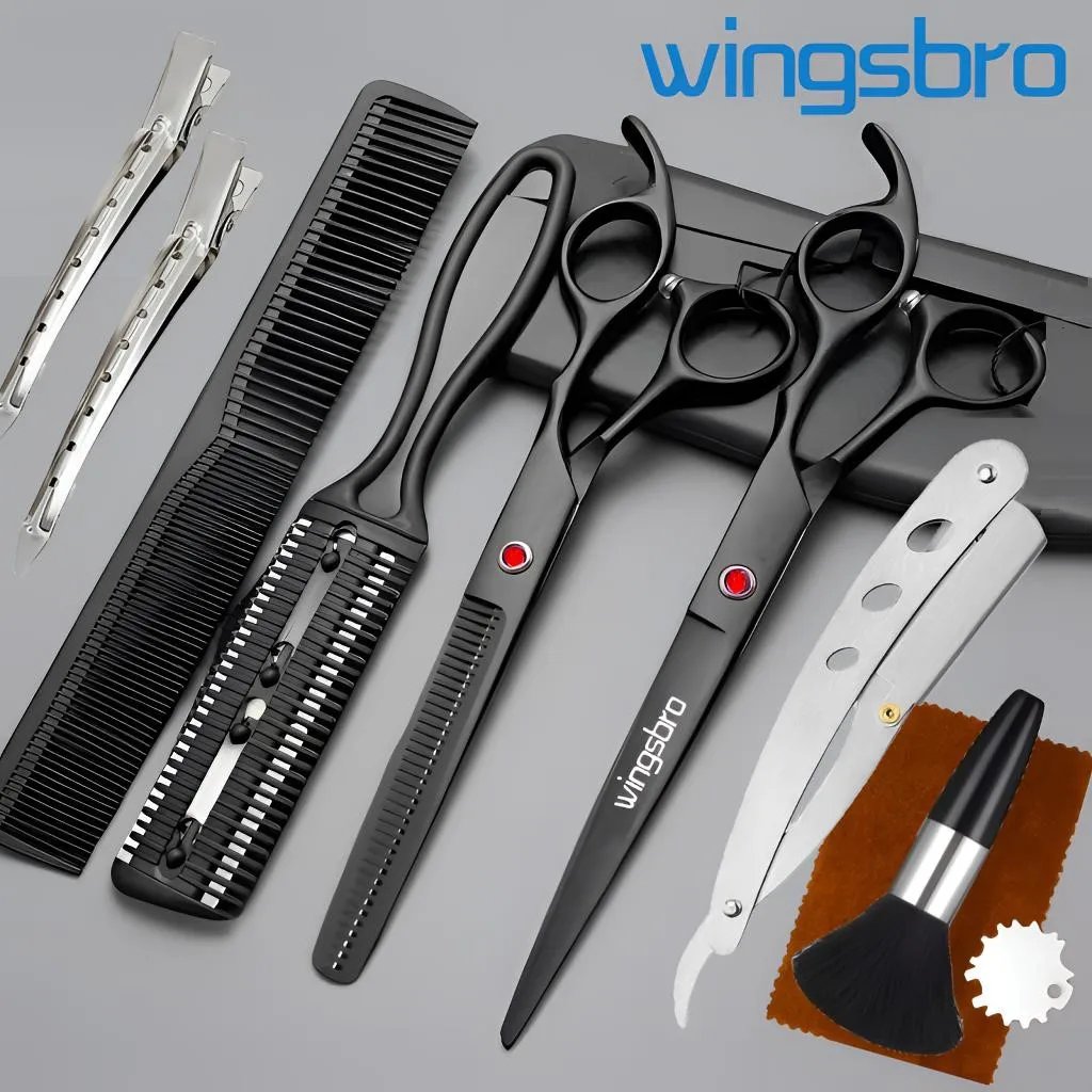 Wingsbro 7'/6' Professional Hairdressing Scissors Kit Hair Cutting Scissors Barber Salon Hair Cutter Comb Razor Stand Set