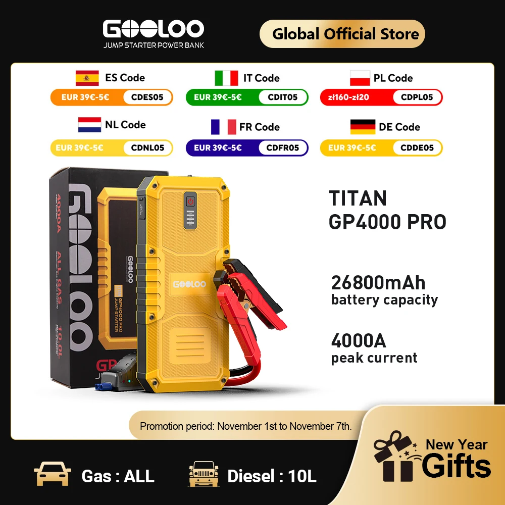 GOOLOO 4000A Start Power Bank 26800mAh Jump Starter Car Booster External Battery 12V Starting Device for Petrol Diesel Powerbank