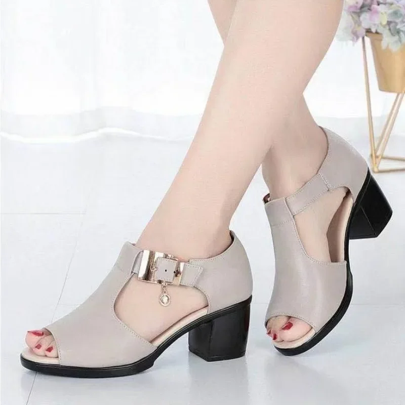 Summer Women's Heeled Shoes Fashion T-strap Peep Toe Women's Sandals Dress Office Ladies Chunky Heel Sandals Zapatos De Mujer