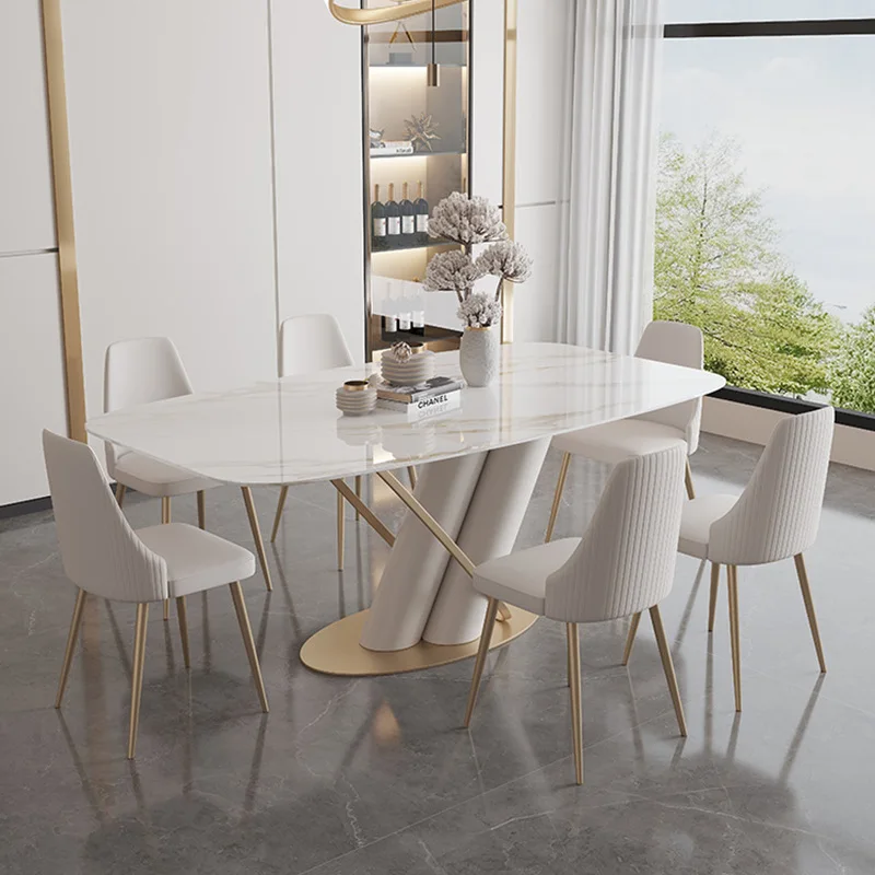 

Bright rock slab dining table 8 people light luxury modern simple style designer creative rectangular dining table chair combina