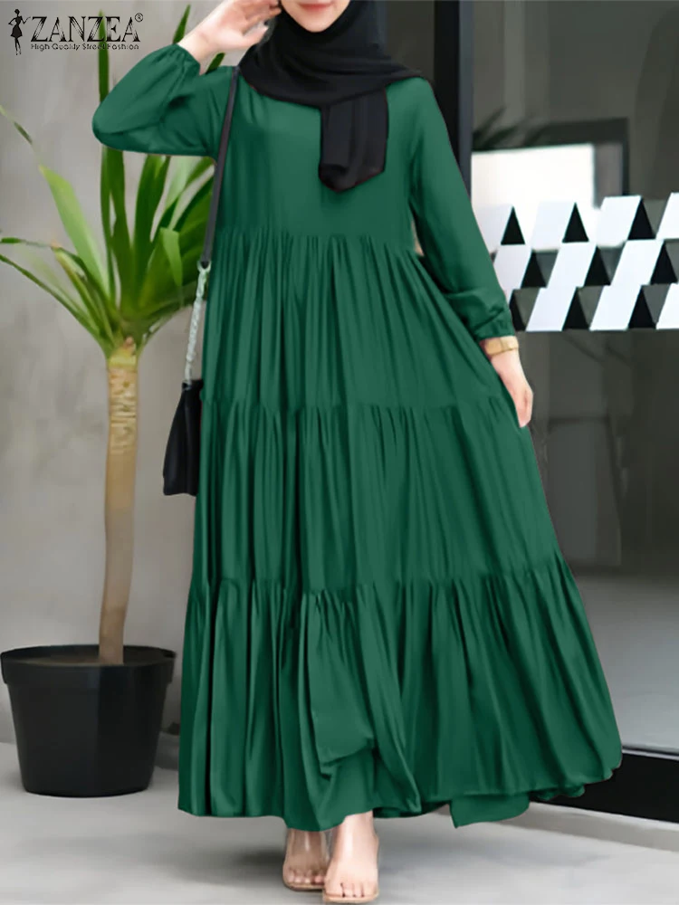 

2025 ZANZEA Muslim Islamic Hijab Dresses Eid Mubarek Abaya Summer Women Long Sleeve Maxi Sundress Robe Femme Dubai Vestidos
