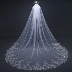 Wedding Veil Lace Edge Long Luxurious Bridal Veil Applique Sequins White/Ivory Veil With Comb Cathedral One Layer 5Meters