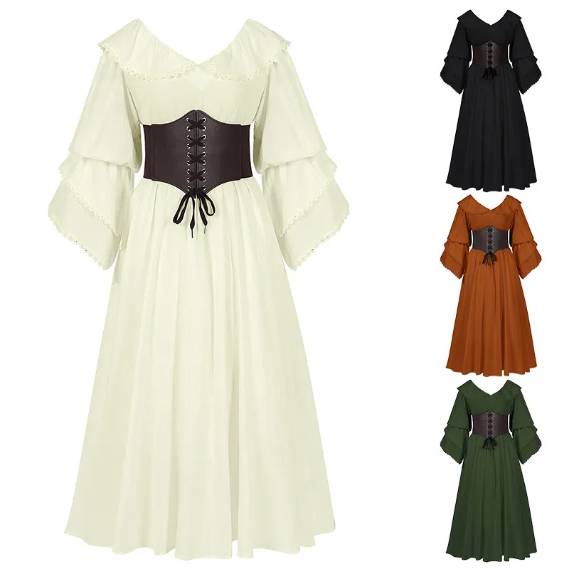 

Large Size Long Sleeve Doll Collar Maxi Skirt Renaissance Style with Lace Hemline Women's Traditional Costume Stage Performance