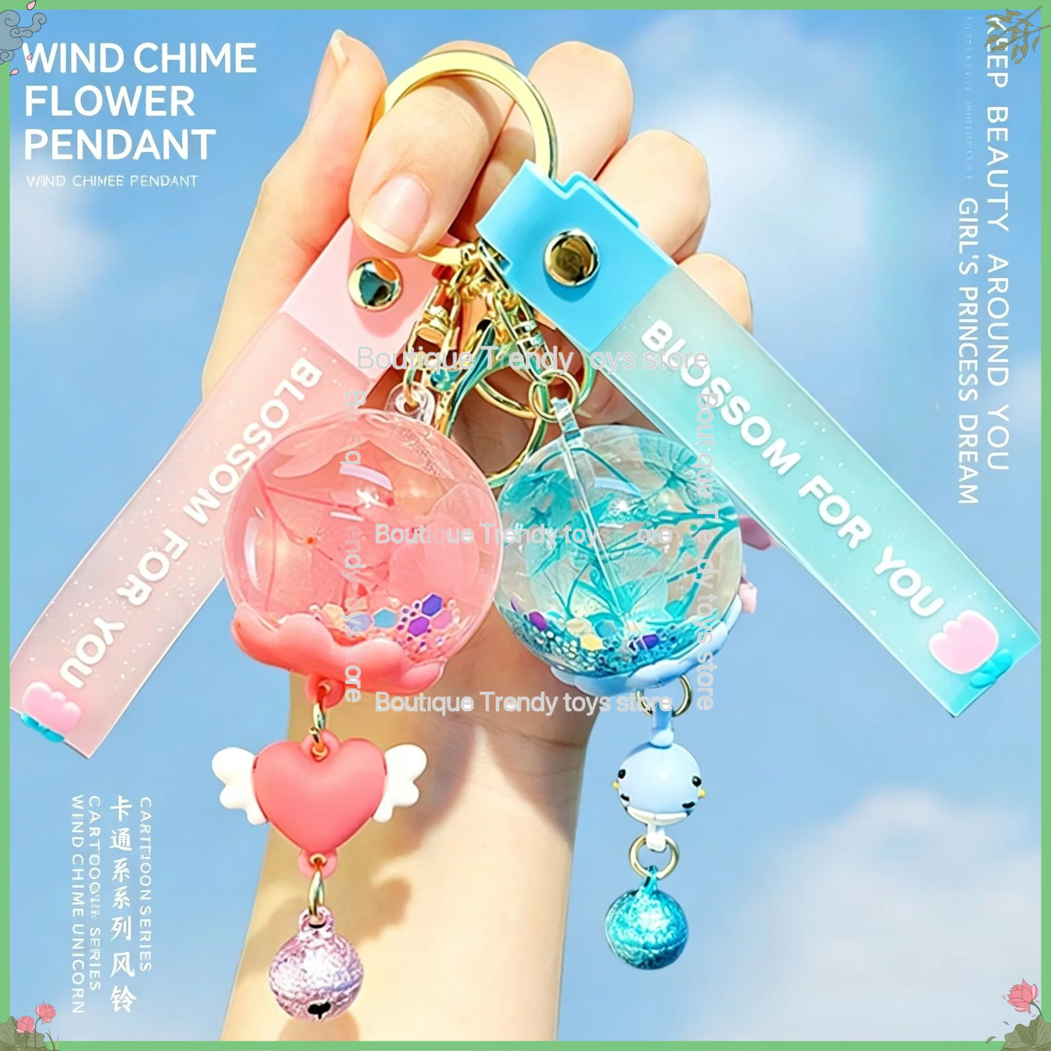

Creative In Oil Dried Flowers Floating Wind Chimes Blue Whale Key Chain Cute Bee Liquid Quicksand Sequin Sakura gift