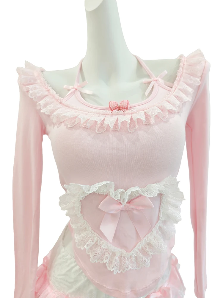 

Милые футболки женские осенне-зимние розовые банты украшения кружевная отделка футболка с длинными рукавами Kawaii Лолита женские футболки