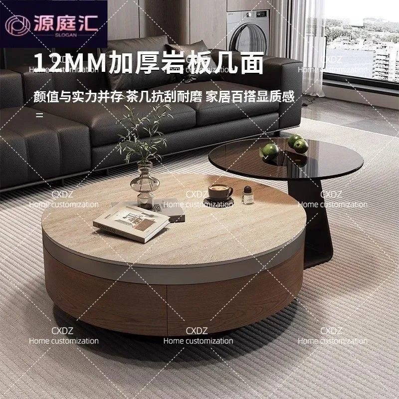 Travertine Stone Slab Round Coffee Table Walnut Finish Cabinet Combo Retro Light Luxury Style for Living Room Home Furniture