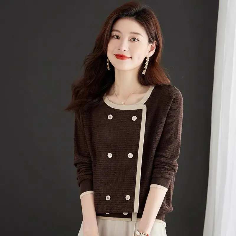 

Women's Color Block Fake Two Piece Knit Sweater Red Round Neck Long Sleeve Fashion Autumn Winter Tops