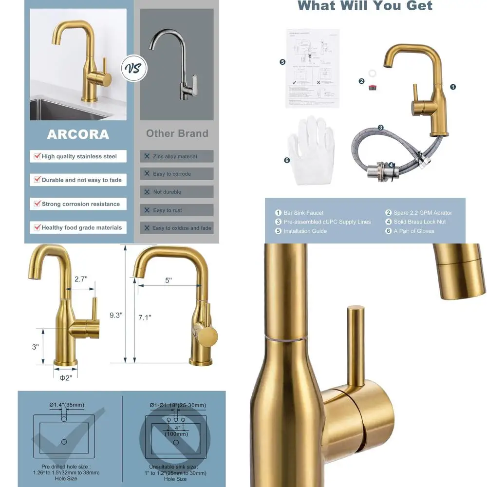 

Single Hole Brushed Gold Prep Sink Faucet: 360° Swivel Wet Bar Tap with cUPC Supply Lines for Small Kitchens and Bathrooms