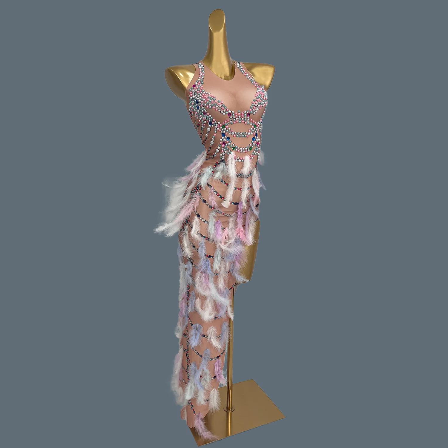 Elegant Feathers Pearls Fancy Long Dress Birthday Party Sexy Gowns Nightclub Prom Stage Show Wear for Women Dance Dress Chuniao