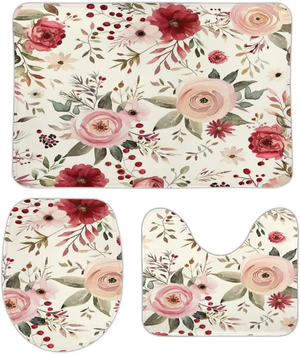 

Watercolor Vintage Floral Bath Mat 3 Piece Bathroom Rug Set 20"x32" Watercolor Flowers Toilet Lid Cover And Contour Mat Bath Mat
