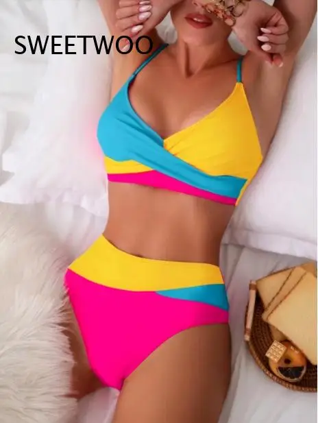 Women Color Block High Waisted Bikini Set Criss Cross Wrap Front Thin Strap Two Piece Bathing Suit for Beach Pool