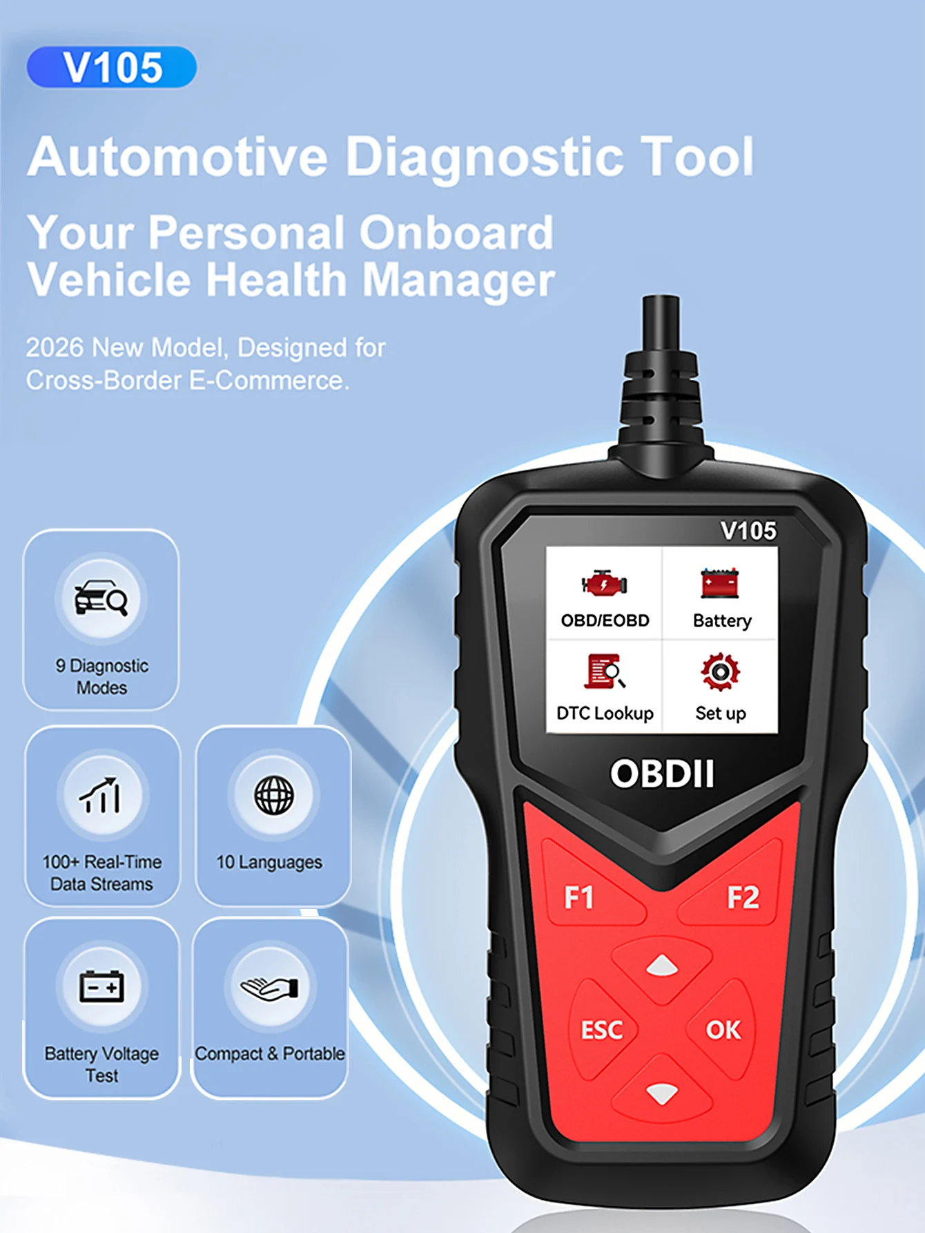 

OBD2 Scanner Car Engine Fault Code Reader Full OBDII Diagnostic Tool Battery Voltage Test Real-time Data Stream Multi-language