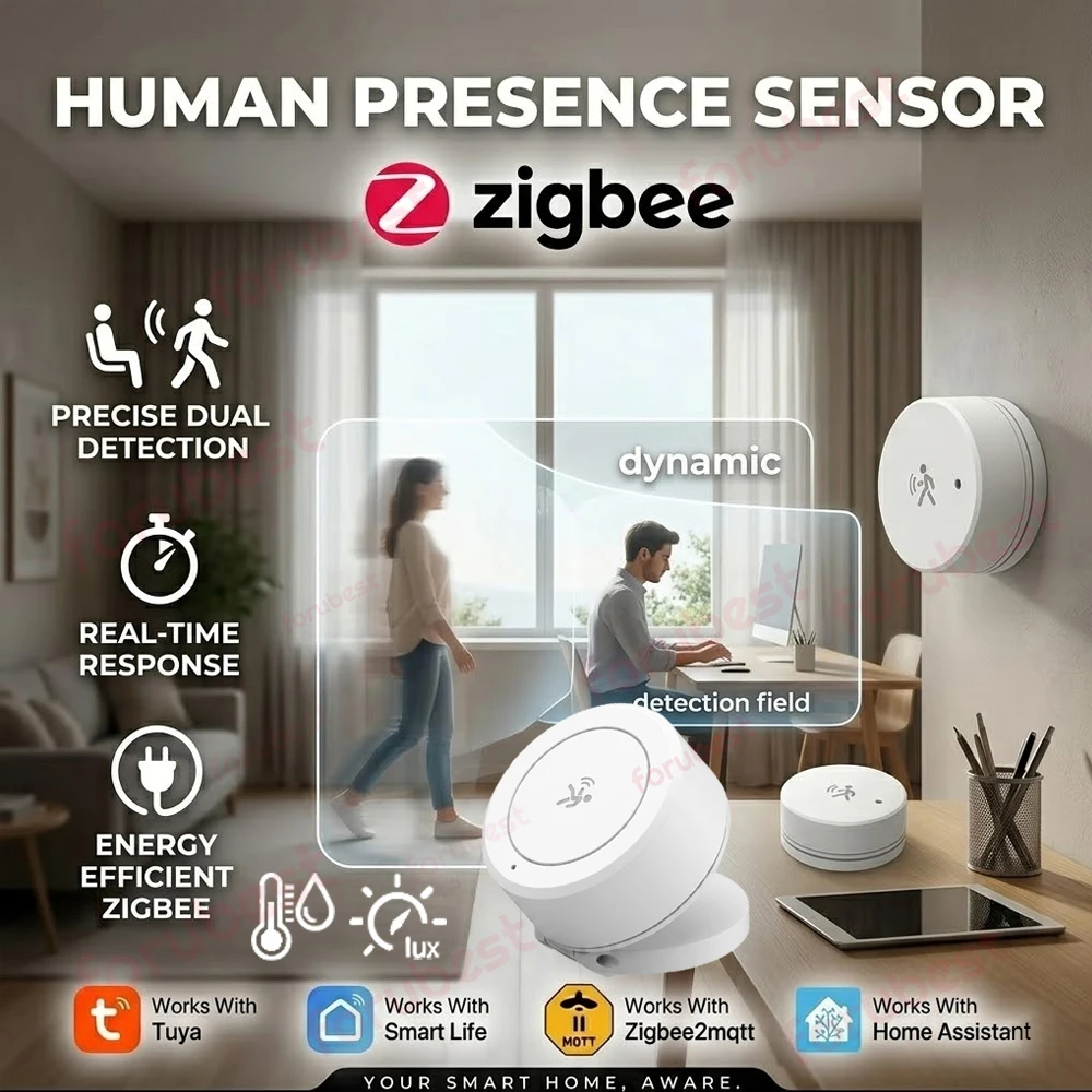 

Zigbee Human Presence Sensor 24G Mmwave Radar Luminance Temperature Humidity Detector Battery Powered For Z2MQTT/Tuya/Smart Life
