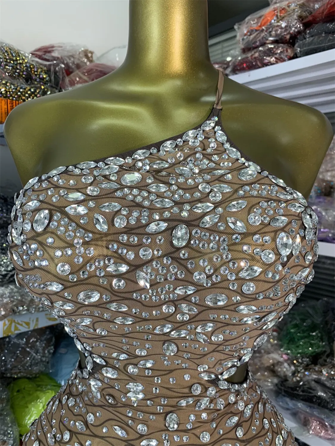 Factory Sale Women Sexy Short Dresses Daring Bright Rhinestons Mesh Cut Out Bodycon Mini Evening Club Party One Piece Dresses