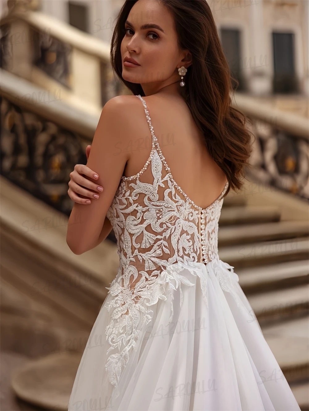 Abiti da sposa in tulle con spalline sottili con vita illusione Abito da sposa lungo a linea A Abito da sposa da donna personalizzato taglie forti