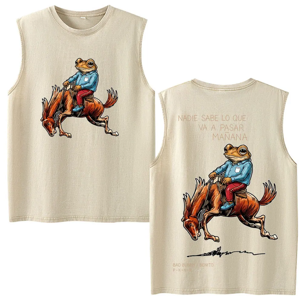 Rapper Bad Bunny Debi Tirar Mas Fotos DTMF Vintage Washed Weste T-Shirt Herren Lässige Mode Hip Hop Übergroße Ärmellose Tanktops – Detail 7
