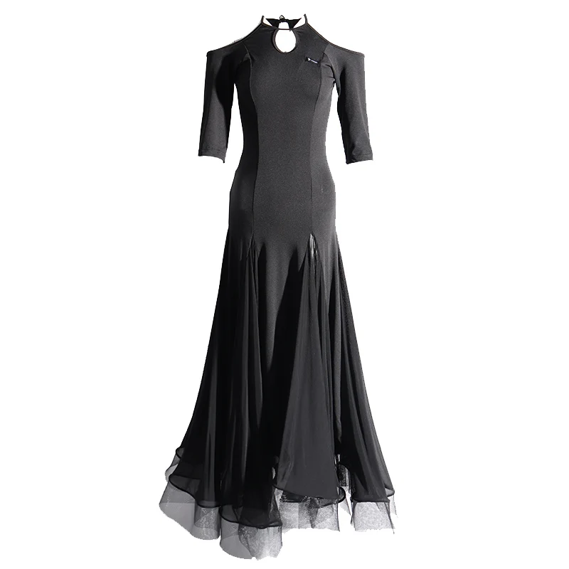 โมเดิร์น Waltz ชุดกระโปรง Fishbone สีดํามาตรฐานชุดเต้นรําสําหรับ Waltz สีแดงรอบคอ Elegant ครึ่งแขนเปิดไหล่ Stage