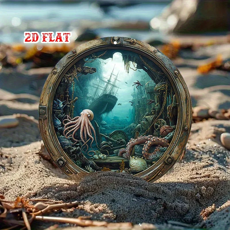 2D Flat, 1pc Nautical Porthole Wall Decor - Octopus & Underwater Shipwreck Scene Metal Sign, Rustic Coastal Wall Art with Pre-Dr